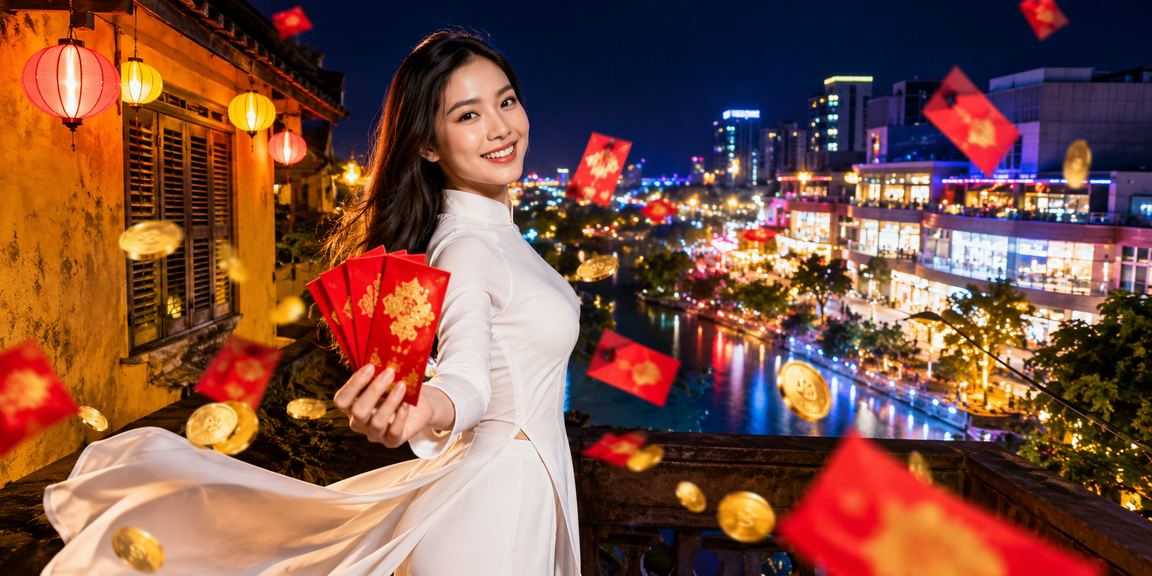 Phụ nữ áo dài Hội An cầm phong bì đỏ may mắn trong không khí lễ hội